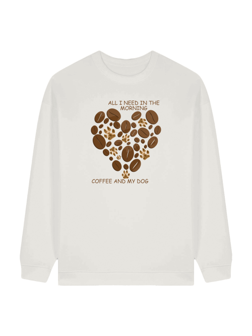 Milkis Way Oversize Damen Sweatshirt Hundemotiv mit Kaffeebohnen und Pfoten in Weiß