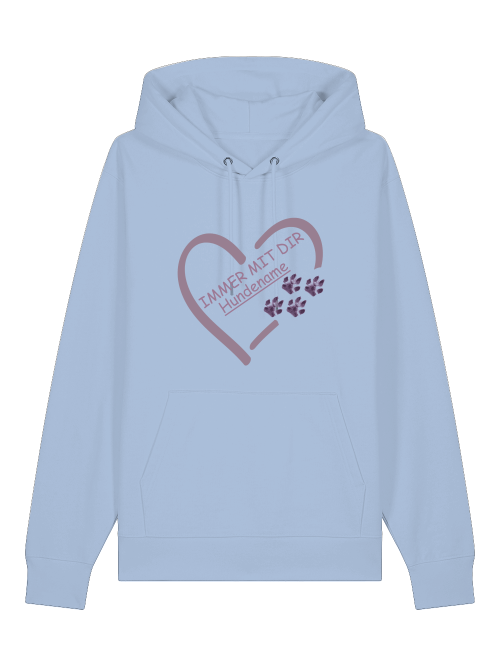 Hellblauer personalisierter Hoodie mit Hundepfote und Herzmotiv von Milkis Way