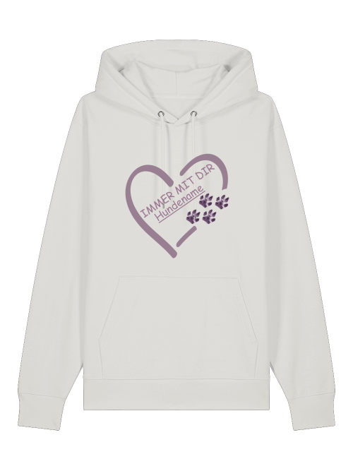 Weißer personalisierter Hoodie mit Hundepfote und lila Herzmotiv von Milkis Way