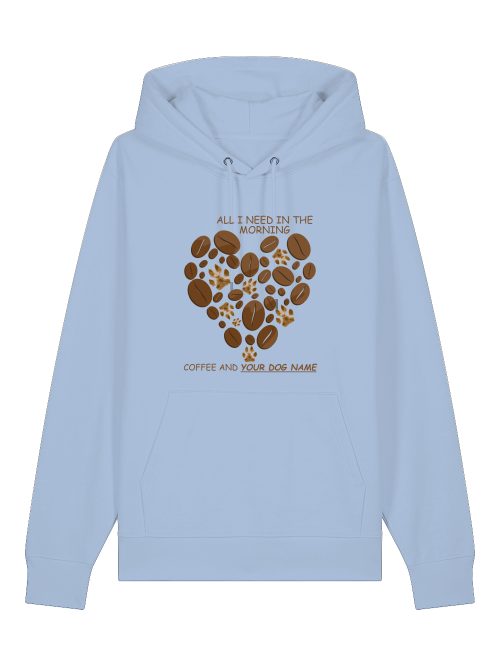 Hellblauer Milkis Way Hoodie mit Kaffeeherzdesign als personalisiertes Geschenk für Hundebesitzer