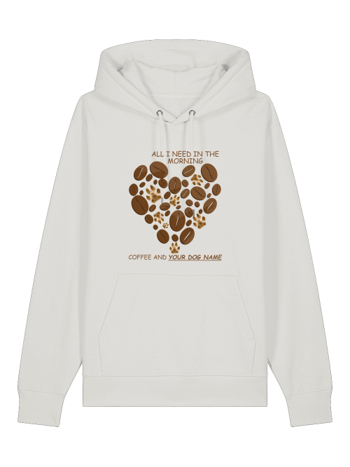 Weißer Milkis Way Hoodie mit Kaffeebohnen-Herzmotiv als personalisiertes Geschenk für Hundebesitzer