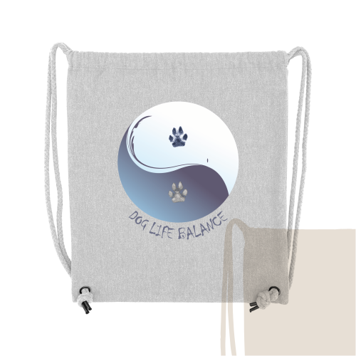 Rucksackbeutel Hundemotiv Baumwolle mit Yin-Yang Pfoten und Dog Life Balance Aufdruck in Grau