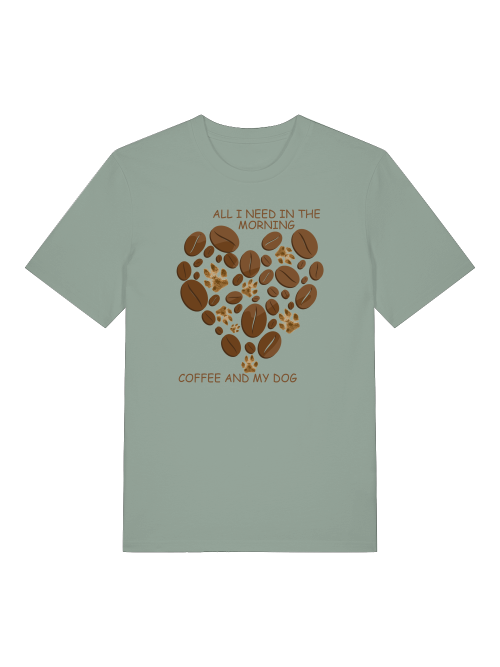 Shirt mit Hundepfoten und Kaffeebohnen von Milkis Way in grün mit Herzdesign und Aufschrift