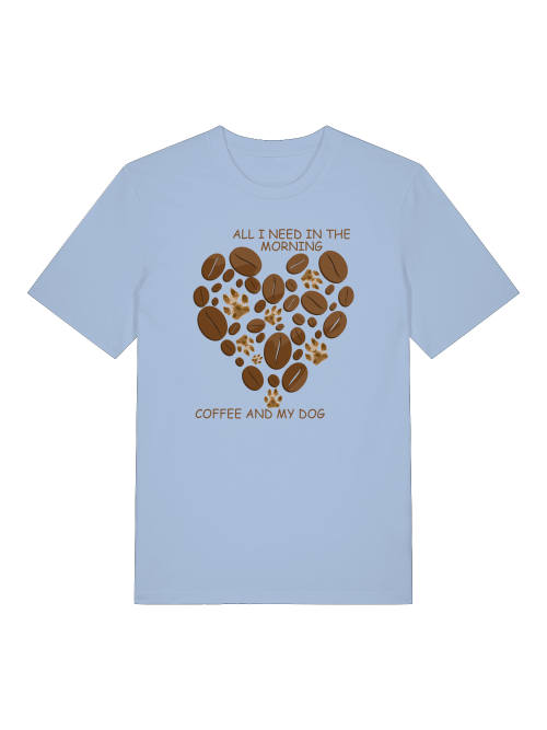 Milkis Way T-Shirt hellblau mit Herz aus Hundepfoten und Kaffeebohnen Motiv