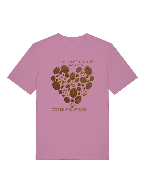 Milkis Way Shirt mit Hundepfoten und Kaffeebohnen in Herzform auf rosa Hintergrund
