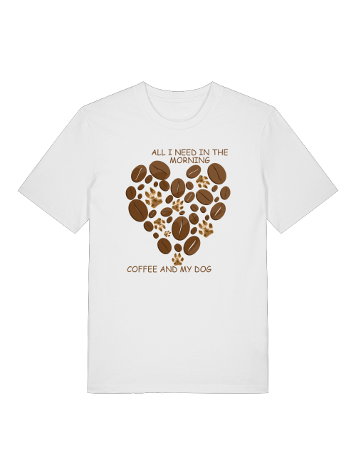 Weißes Shirt mit Hundepfoten und Kaffeebohnen von Milkis Way für Kaffee- und Hundeliebhaber