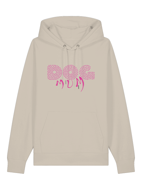 Beiger Hoodie mit rosa Schrift Dog Mum von Milkis Way als Hoodie Dog Mum Geschenk