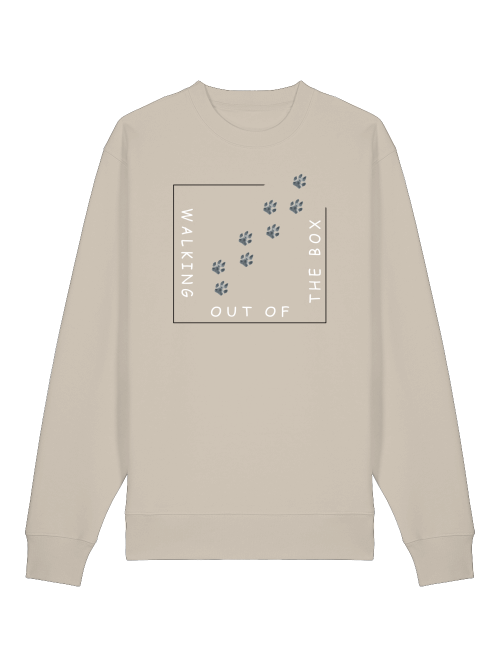 Beiges Sweatshirt für Hundeliebhaber nachhaltig mit Pfotenabdruck und Walking Out of the Box Aufdruck