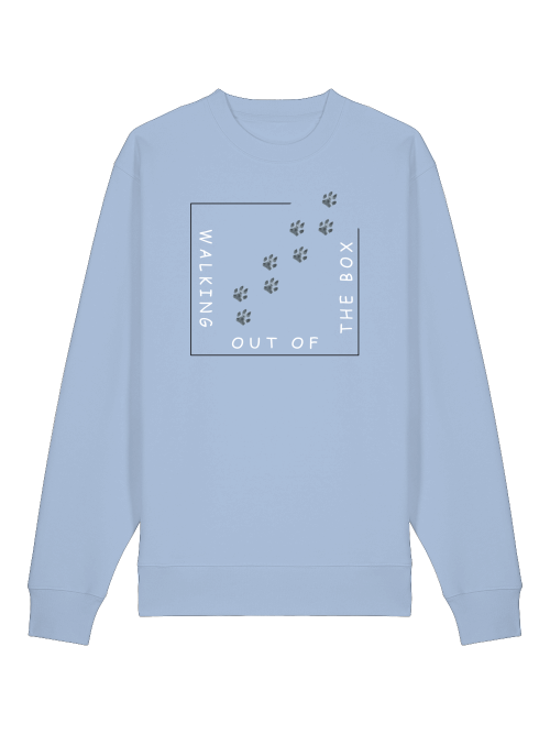 Hellblaues Sweatshirt für Hundeliebhaber nachhaltig mit Pfotenabdruck und Walking out of the box Design