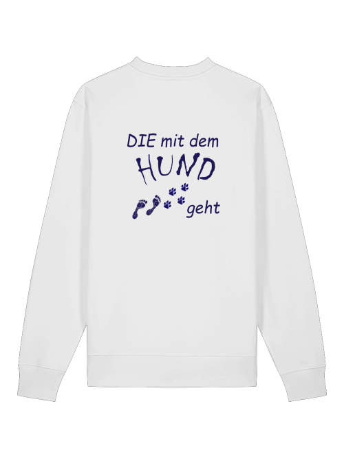 Weißes Sweatshirt mit Hundemotiv für Frauen von Milkis Way mit blauem Text und Pfotenabdruck