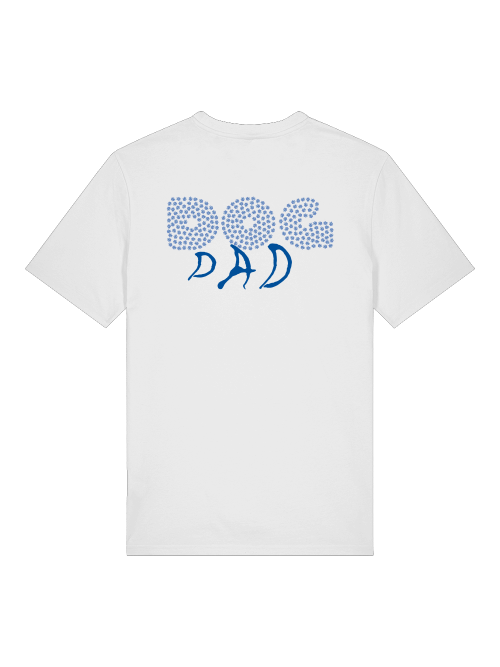 Unisex Dog Dad Shirt mit blauem Punktmuster und Schriftzug von Milkis Way in weiß