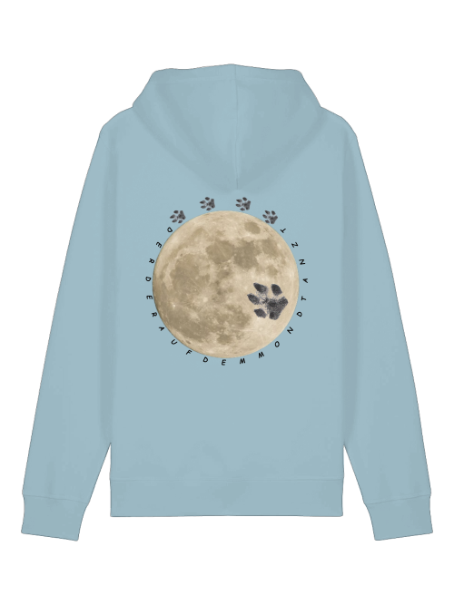 Unisex Hoodie Bio-Baumwolle Hundepfote in Hellblau mit Mond- und Pfotendesign auf der Rückseite von Milkis Way