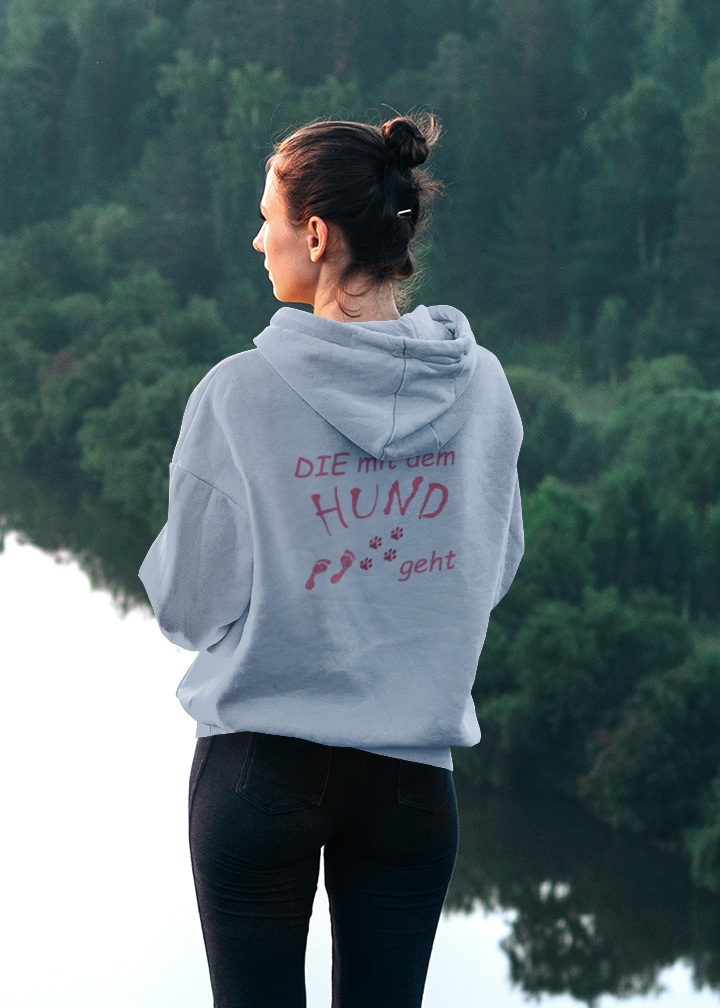 Unisex Hoodie Hundemotiv von Milkis Way mit Aufdruck Die mit dem Hund geht in Blau