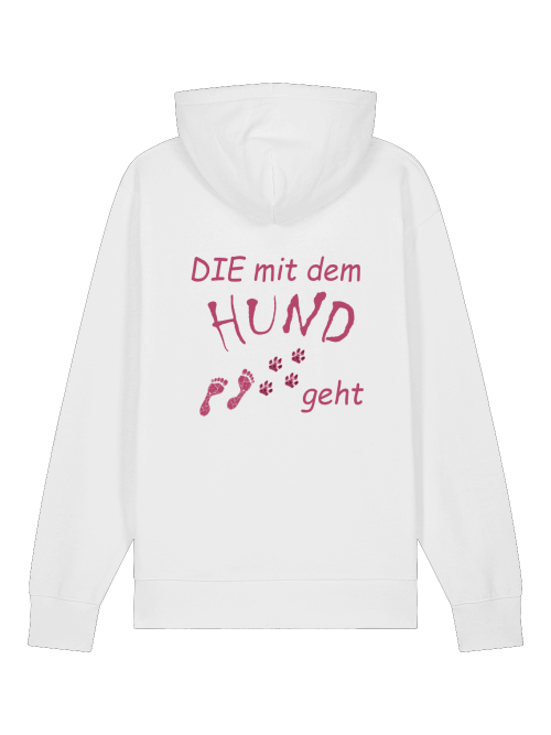Weißer Unisex Hoodie Hundemotiv mit rotem Aufdruck Die mit dem Hund geht und Pfotenabdrücken