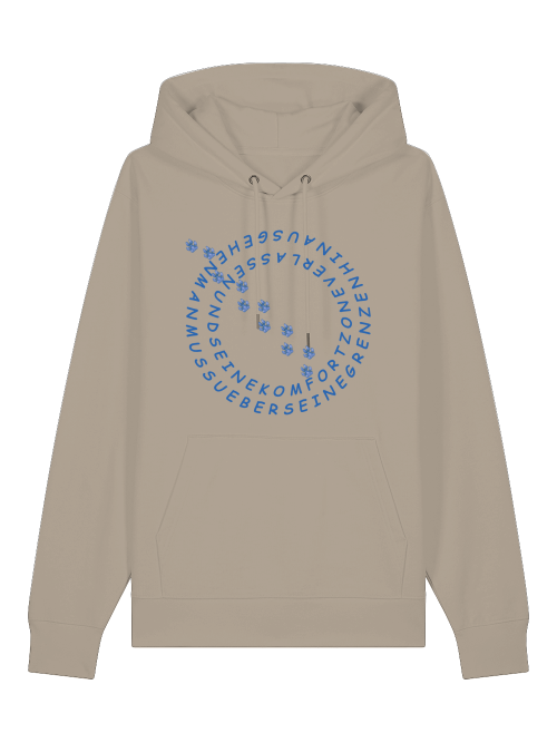 Unisex Hoodie Hundepfote Bio Baumwolle in Beige mit blauem Kreis-Design aus Schrift und Pfotenabdrücken von Milkis Way