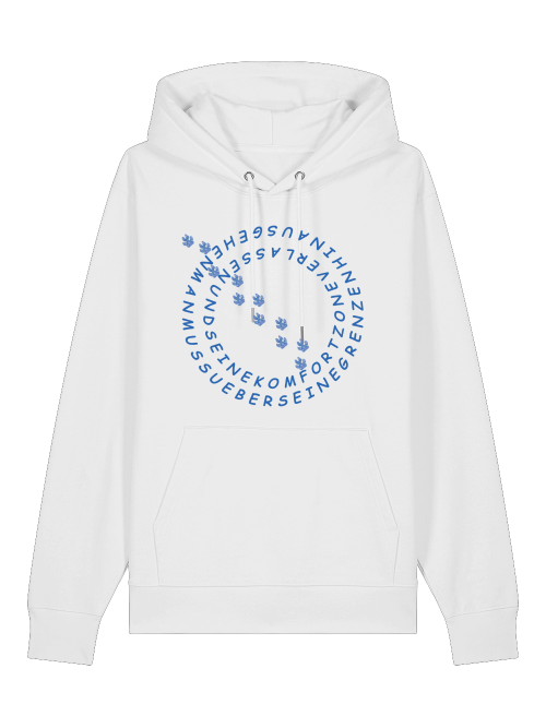 Weißer Unisex Hoodie Hundepfote Bio Baumwolle mit blauem Pfoten- und Textdruck von Milkis Way