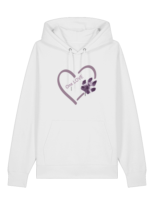 Weißer Unisex Hoodie Hundepfote Bio-Baumwolle mit Herz und One Love Schriftzug von Milkis Way