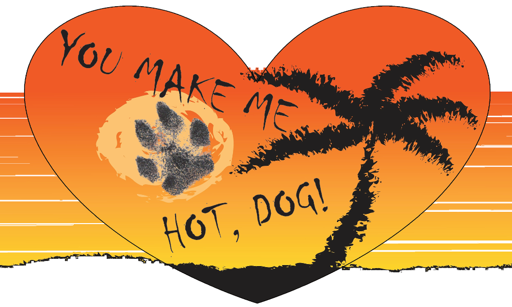 Unisex T-Shirt mit Hundepfoten Print und Herzmotiv mit Sonnenuntergang und Palme in orange und gelb
