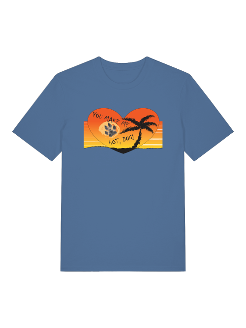 Blaues Unisex T-Shirt mit Hundepfoten Print und tropischem Sonnenuntergang Motiv von Milkis Way