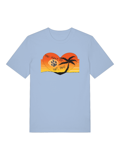 Hellblaues Unisex T-Shirt mit Hundepfoten Print und Sonnenuntergangs-Motiv mit Palme