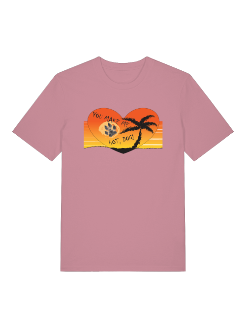 Unisex T-Shirt mit Hundepfoten Print in rosa mit Sonnenuntergangs- und Palmenmotiv von Milkis Way