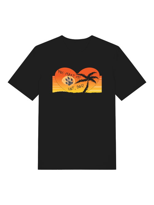 Unisex T-Shirt mit Hundepfoten Print auf schwarzem Stoff und sommerlichem Sonnenuntergangsdesign