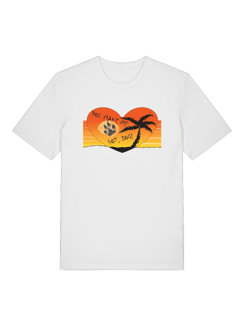 Unisex T-Shirt mit Hundepfoten Print von Milkis Way in Weiß mit Palmen und Sonnenuntergangsdesign
