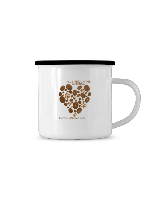Weißer Emaillebecher für Hundefreunde mit schwarzem Rand und Kaffee-Motiv in Herzform