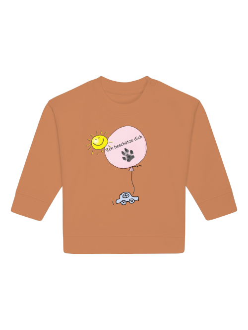 Baby Sweatshirt Orange-Braun mit Print: Auto, Sonne, Luftballon mit Hundepfoten Abdruck und Schriftzug "Ich beschütze dich".