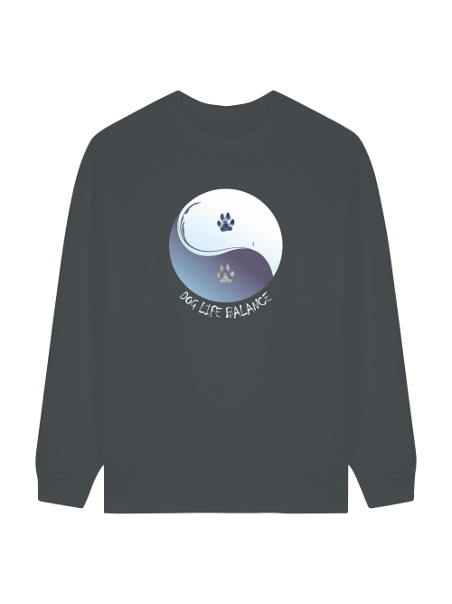 Damen Sweatshirt anthrazit mit Print: Yin und Yang Kreis mit Hundepfoten und Schrift: Dog Life Balance.