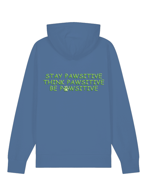 Kapuzenhoodie bright-blue mit Print Rückseite: Schrift: Stay Pawsitive, Think / Be Pawsitive. Das A in Pawsitive als Hundepfote.