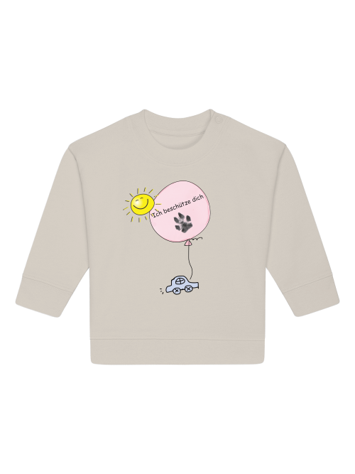 Baby Sweatshirt natural mit Print: Auto, Sonne, Luftballon mit Hundepfoten Abdruck und Schriftzug "Ich beschütze dich".