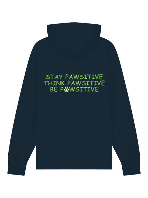 Kapuzenhoodie navy-blau mit Print Rückseite: Schrift: Stay Pawsitive, Think / Be Pawsitive. Das A in Pawsitive als Hundepfote.
