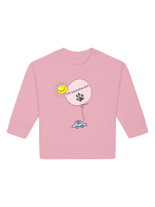 Baby Sweatshirt soft pink mit Print: Auto, Sonne, Luftballon mit Hundepfoten Abdruck und Schriftzug "Ich beschütze dich".