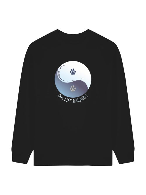 Damen Sweatshirt schwarz mit Print: Yin und Yang Kreis mit Hundepfoten und Schrift: Dog Life Balance.