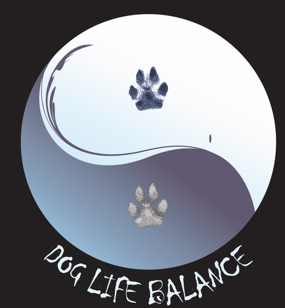 Logo Hundepfotenprint auf Sweatshirts: Yin und Yang Kreis mit Hundepfoten und Schrift: Dog Life Balance.