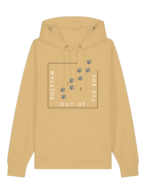Unisex Kapuzenhoodie nispero mit Print: Viereck mit Hundepfoten, die aus Box laufen. Schrift: Walking out of the box