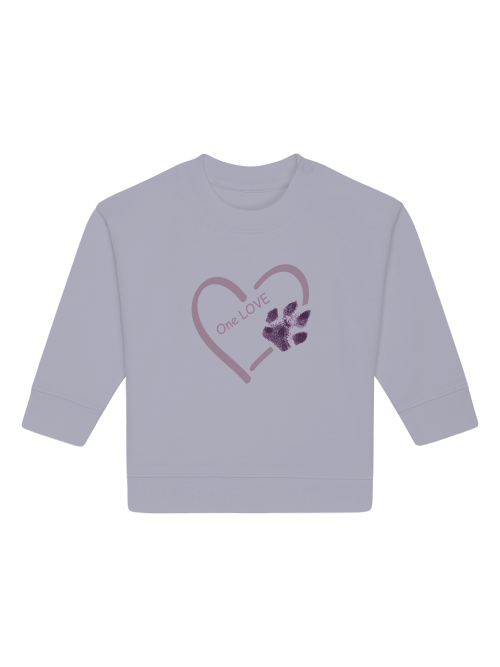 Baby Sweatshirt Bio-Baumwolle Hundepfote in Helllila mit Herzmotiv und Schriftzug One Love