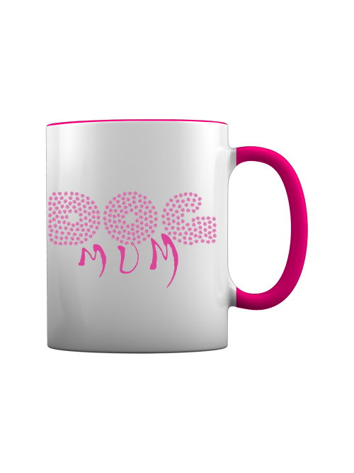 Weißer Becher mit Hundepfoten Print und pinkem Griff von Milki´s Way als Accessoire für Hundeliebhaber