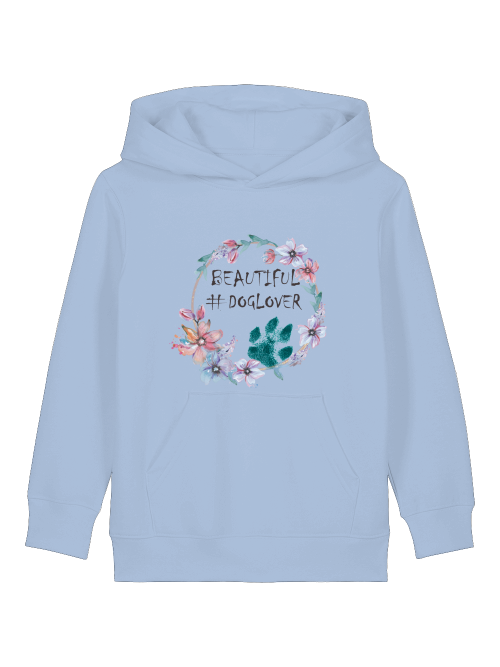 Bio-Baumwoll Hoodie für Kinder in Hellblau mit Blumenkranz und Doglover Aufdruck von Milkis Way