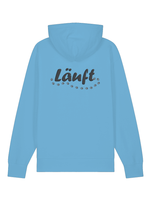 Hellblauer Bio Baumwolle Hoodie Hundeliebhaber mit Kapuze und Laufmotiv auf der Rückseite von Milkis Way