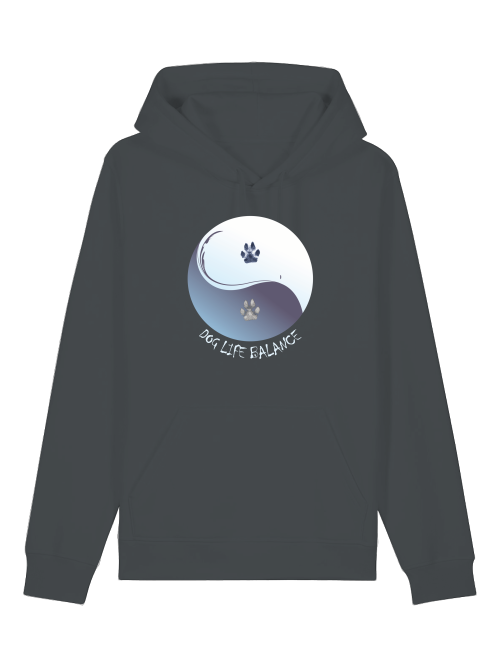Bio Baumwolle Hoodie Hundeliebhaber in Dunkelgrau mit Yin Yang Hundepfotenmotiv von Milkis Way