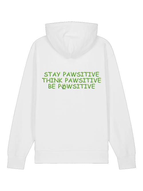 Bio-Baumwolle Hoodie mit Hundepfote in Weiß mit grünem Aufdruck Stay Pawsitive auf der Rückseite