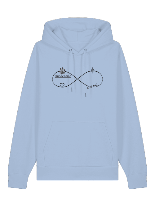 Hellblauer Bio Hoodie Geschenk für Hundefreunde mit Unendlichkeitssymbol und Pfotenmotiv von Milkis Way
