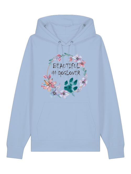 Hellblauer Bio Hoodie mit Hundemotiv kaufen, bedruckt mit Blumenkranz und Doglover Schriftzug