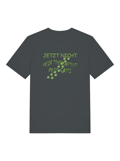 Milkis Way Bio T-Shirt mit Hundemotiv in Dunkelgrau mit grünem Spruch und Pfotenabdrücken
