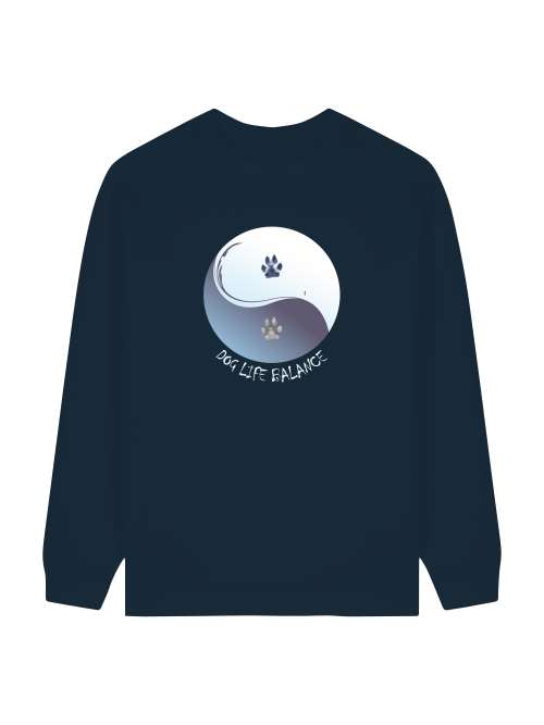 Damen Sweatshirt french-navy mit Print: Yin und Yang Kreis mit Hundepfoten und Schrift: Dog Life Balance.