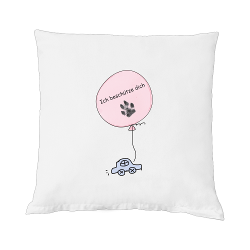 Weißes Dekokissen Hundepfote mit rosa Ballon und Aufschrift Ich beschütze dich von Milkis Way