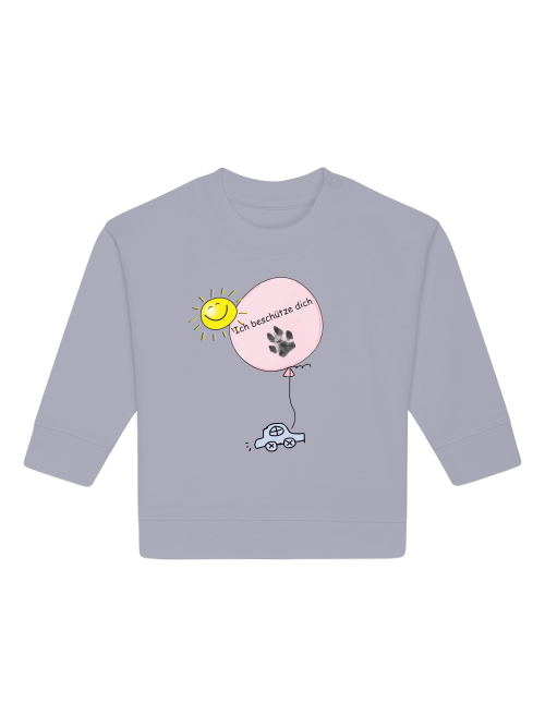 Baby Sweatshirt grau blau mit Print: Auto, Sonne, Luftballon mit Hundepfoten Abdruck und Schriftzug "Ich beschütze dich".