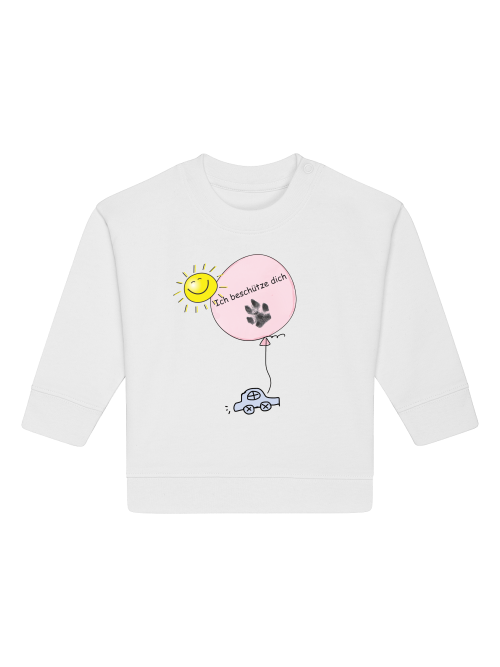 Baby Sweatshirt weiß mit Print: Auto, Sonne, Luftballon mit Hundepfoten Abdruck und Schriftzug "Ich beschütze dich".